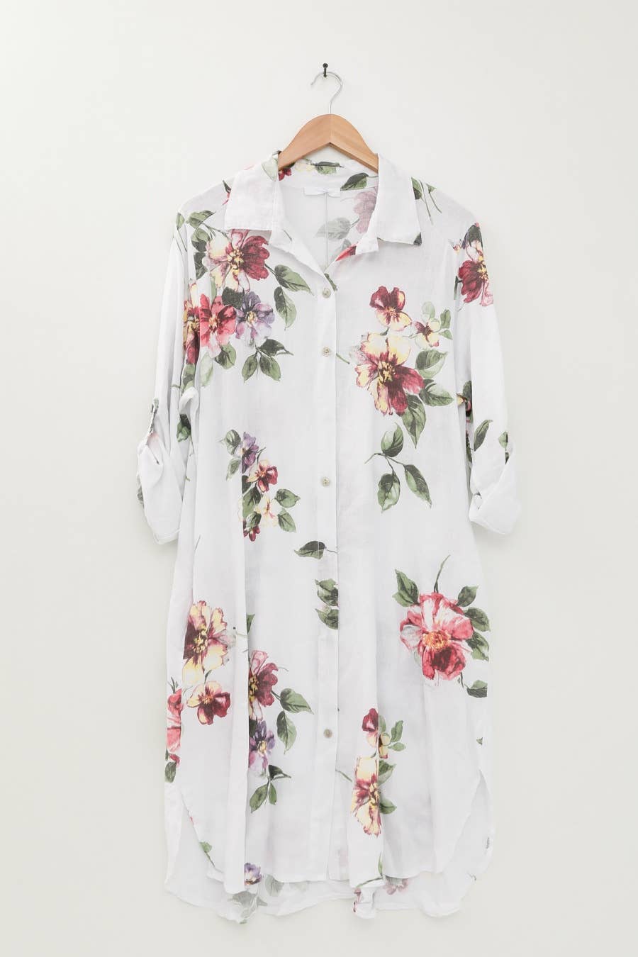 Pure Linen Floral Shirt Dress in White - Vératex Fabrics