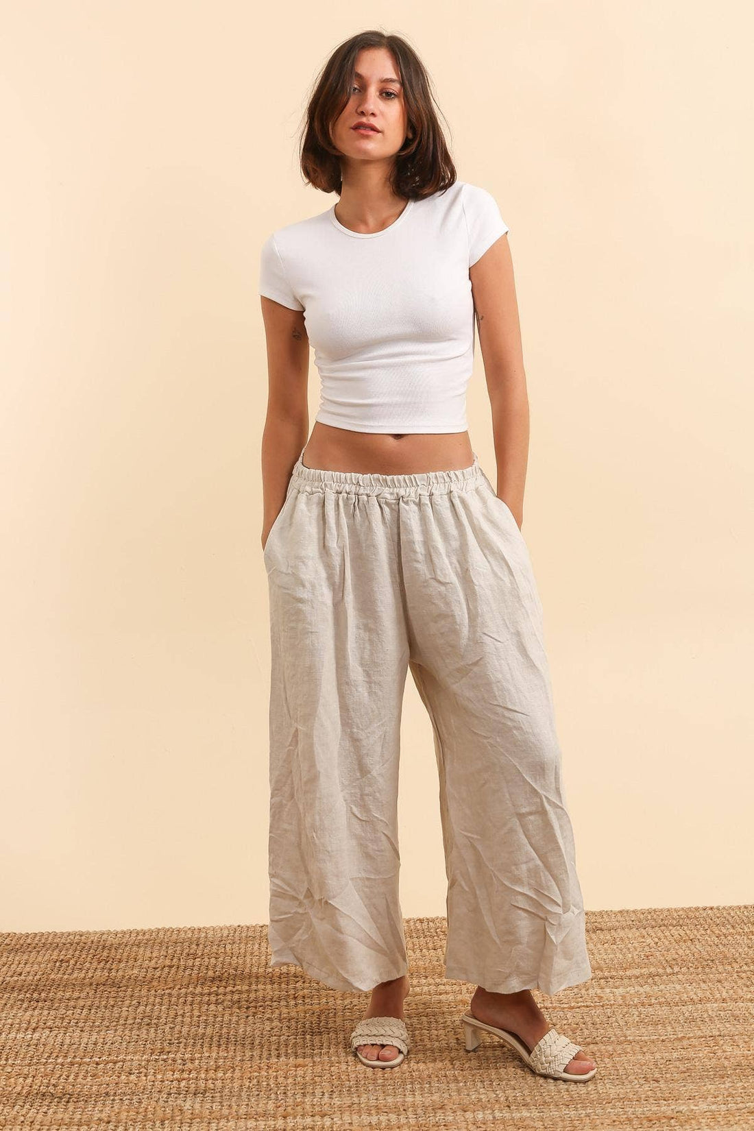 Pure Linen Relaxed Trousers in Beige - Vératex Fabrics