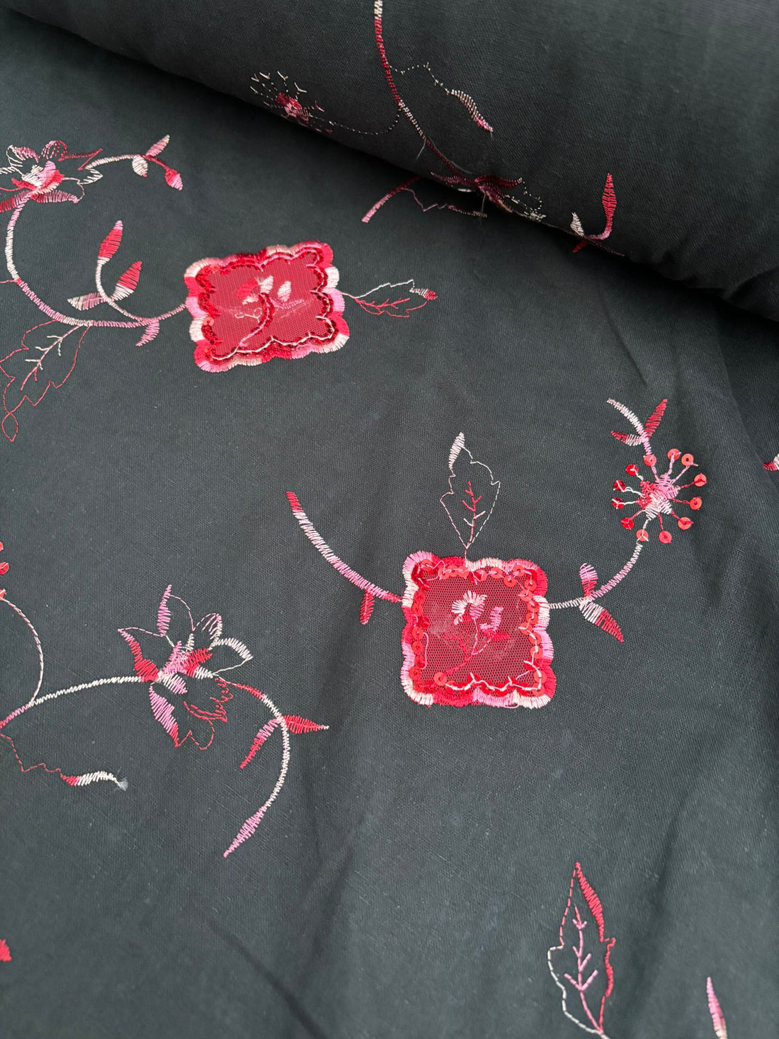 Black Embroidered Linen Cotton Fabric - Vératex Fabrics