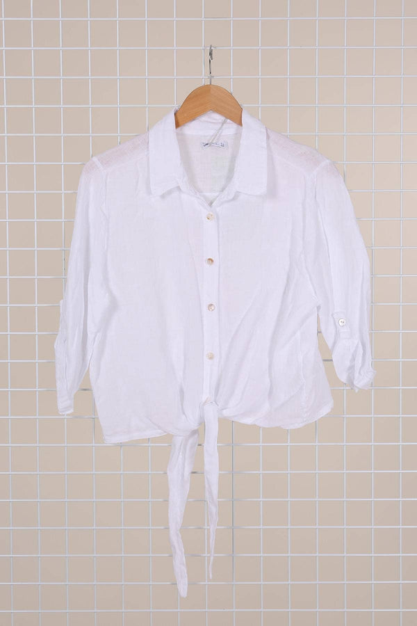 Pure Linen Knot Detail Shirt in White - Vératex Fabrics