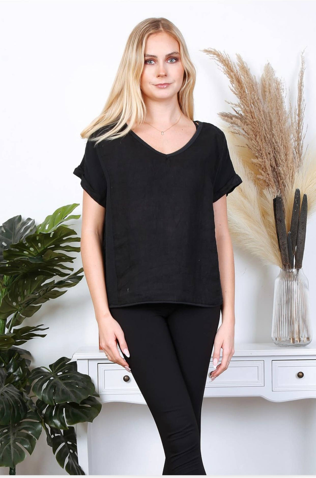 Pure Linen Textured T-Shirt in Black - Vératex Fabrics