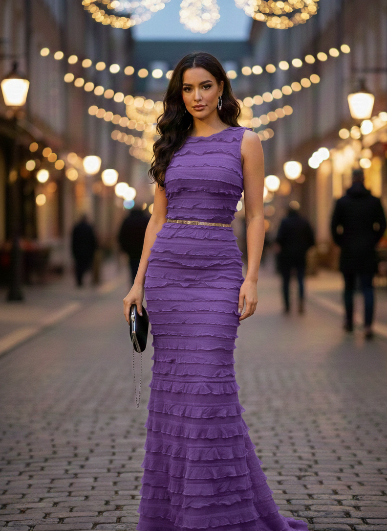 Violet Purple Tiered Ruffle Stretch Mesh Fabric