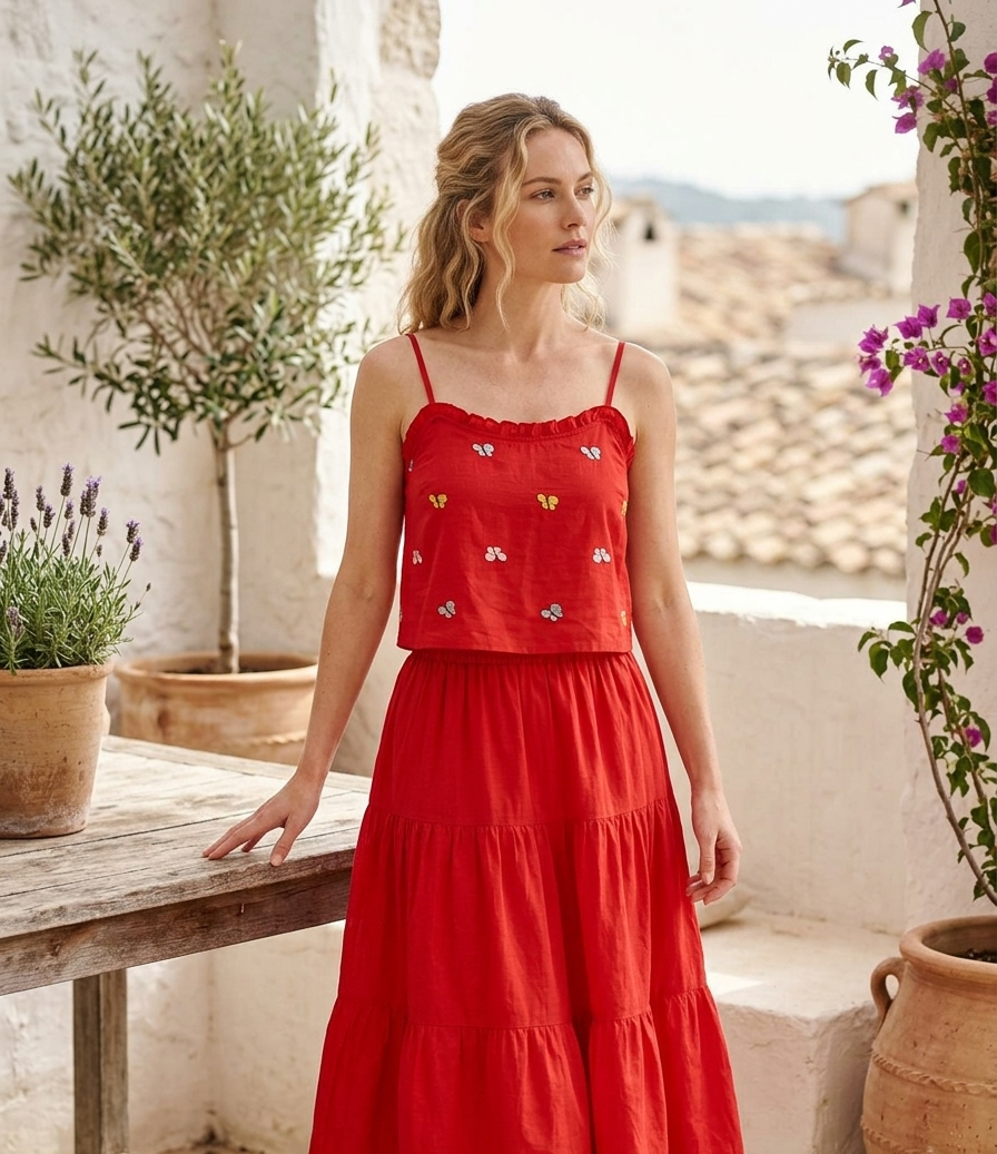 Red Butterfly Embroidered Pure Cotton Fabric