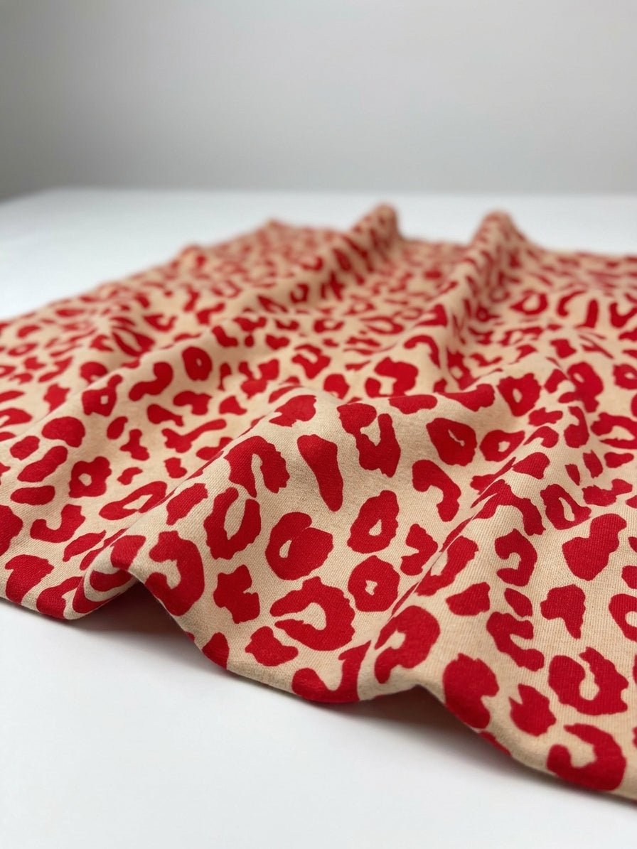 Red Leopard Brushed Back Fleece Jersey
