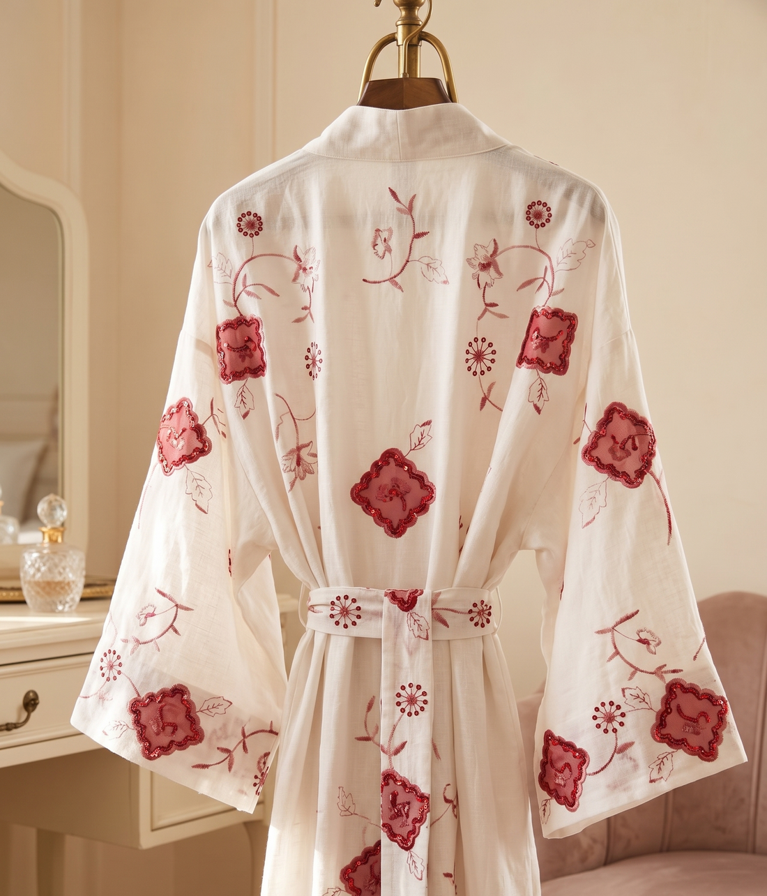 Off White Embroidered Floral Linen Cotton Fabric