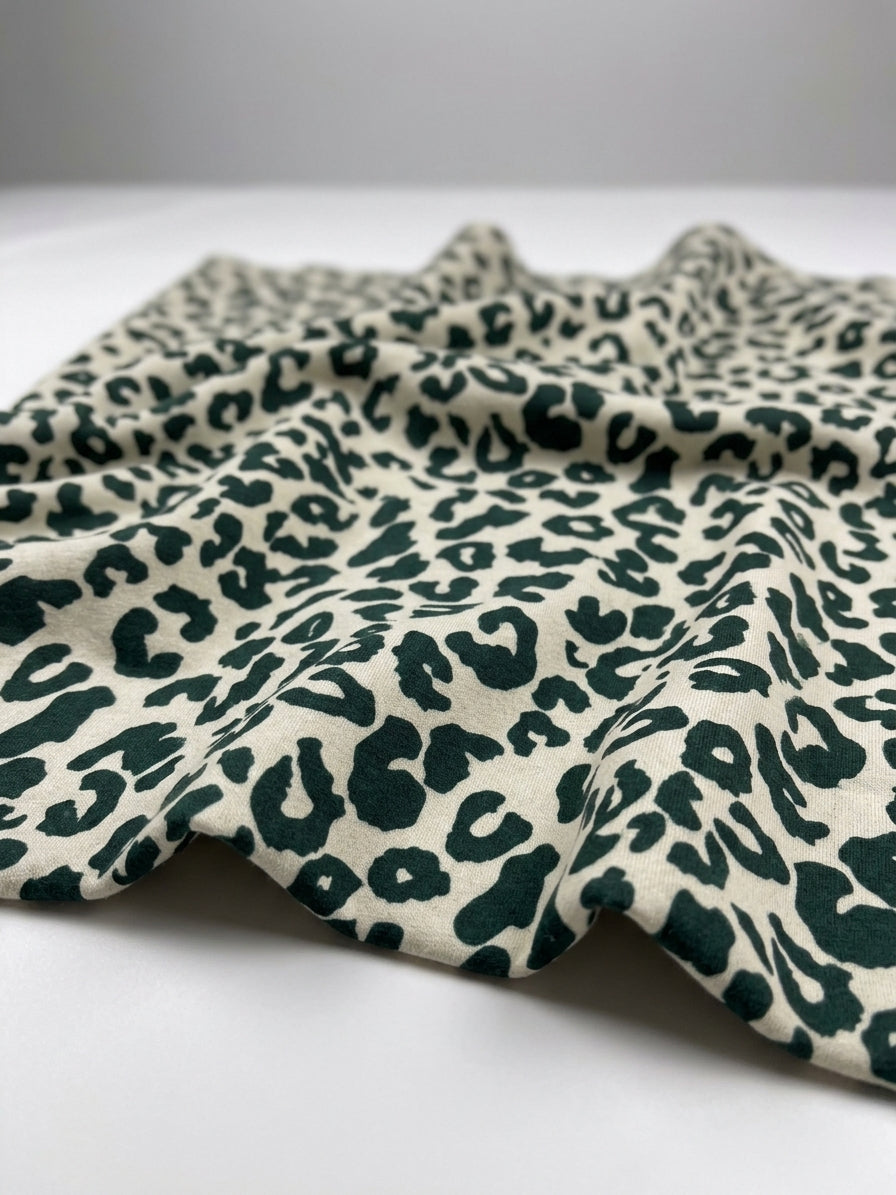 Bottle Green Leopard Brushed Back Fleece Jersey
