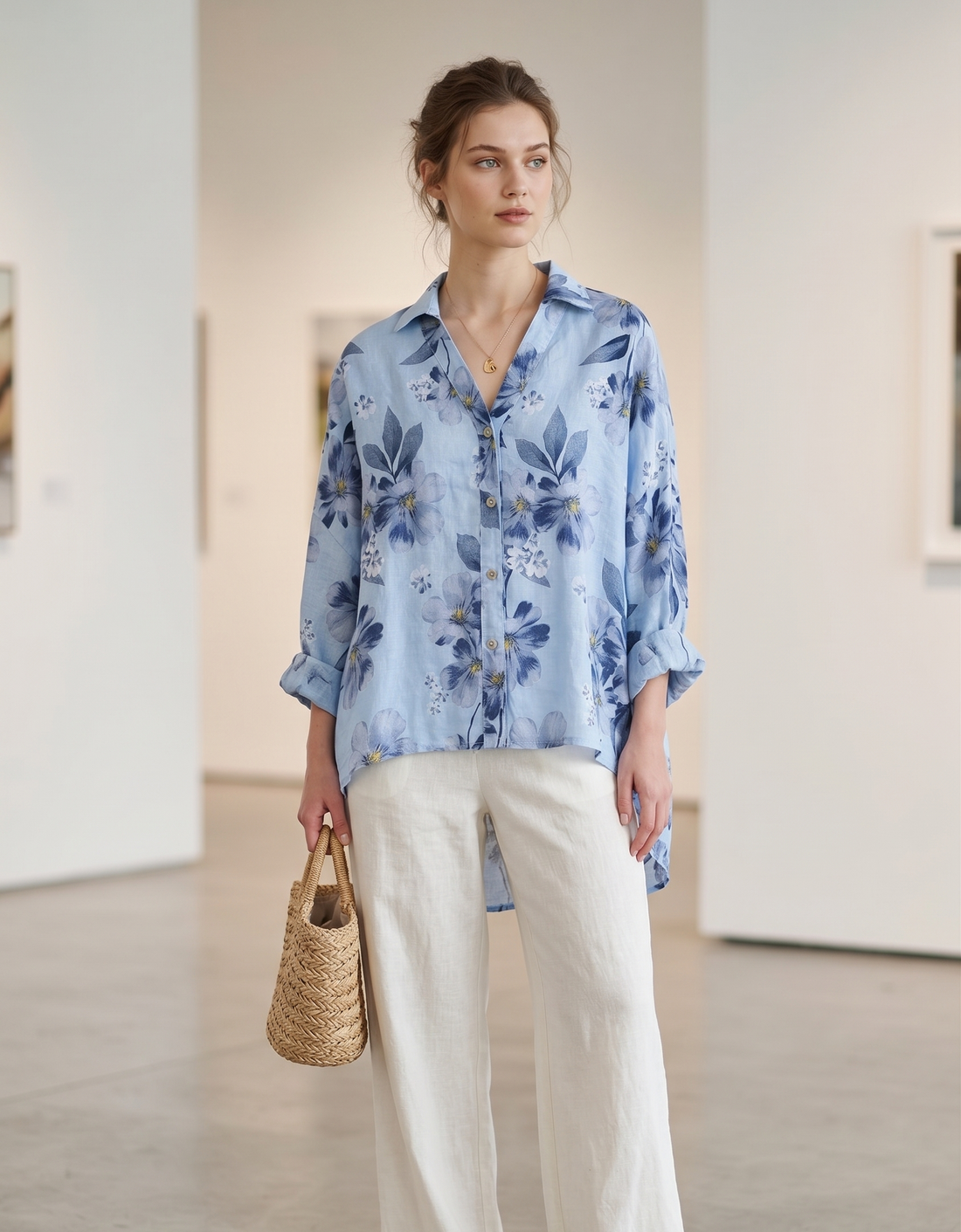 Pure Linen Floral Shirt in Blue - Vératex Fabrics