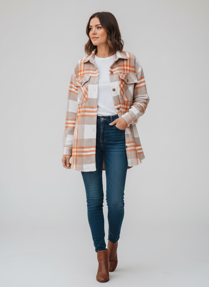 Orange & Beige Check Brushed Fleece – Sold by the Metre - Vératex Fabrics