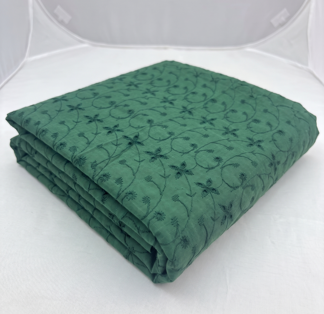 Green Schiffli Embroidered Cotton Blend Fabric