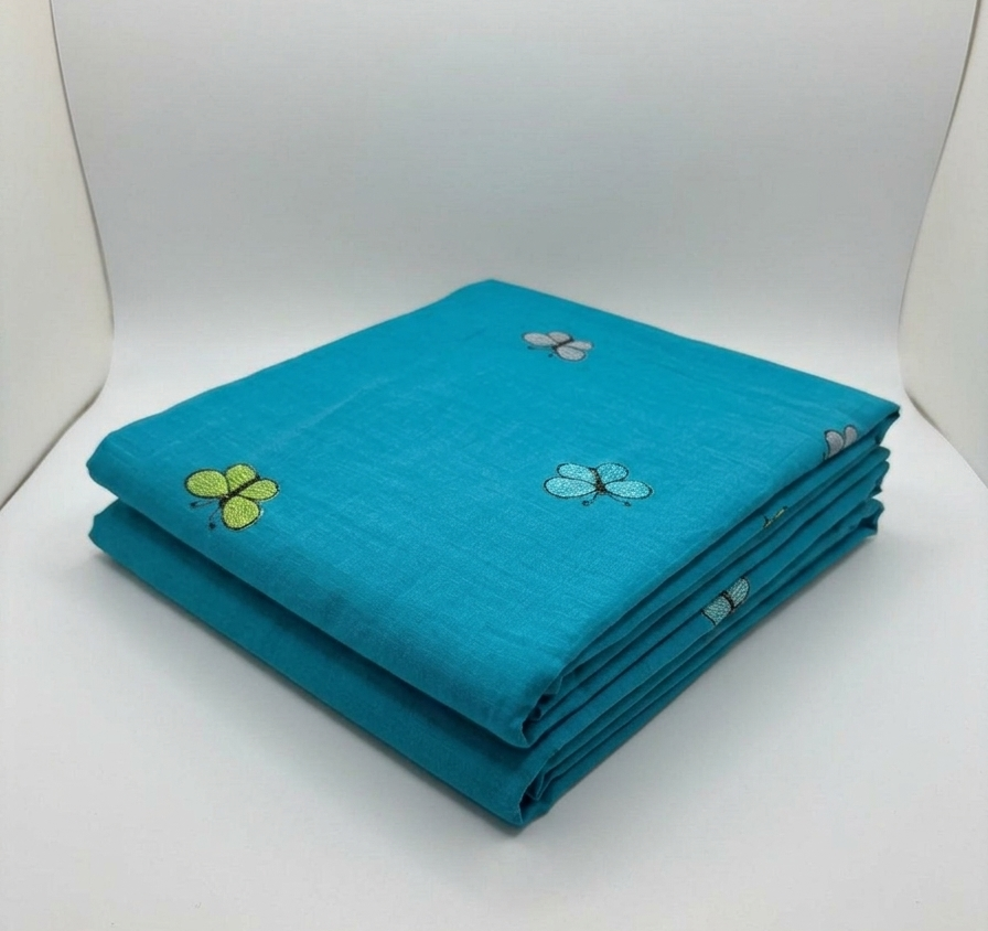 Turquoise Butterfly Embroidered Pure Cotton Fabric