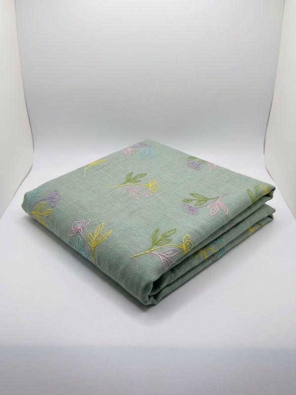 Sage Green Embroidered Floral Poly-Linen Blend Fabric - Vératex Fabrics