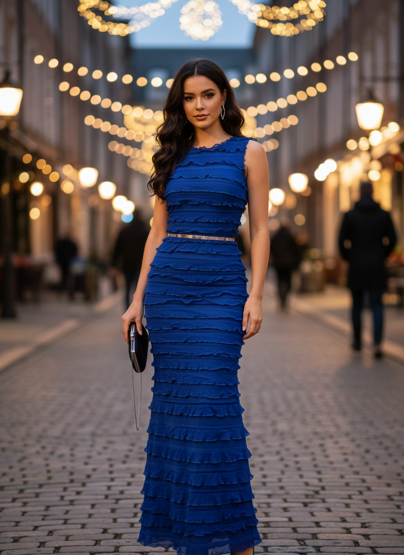 Royal Blue Tiered Ruffle Stretch Mesh Fabric