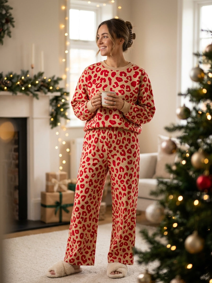 Red Leopard Brushed Back Fleece Jersey