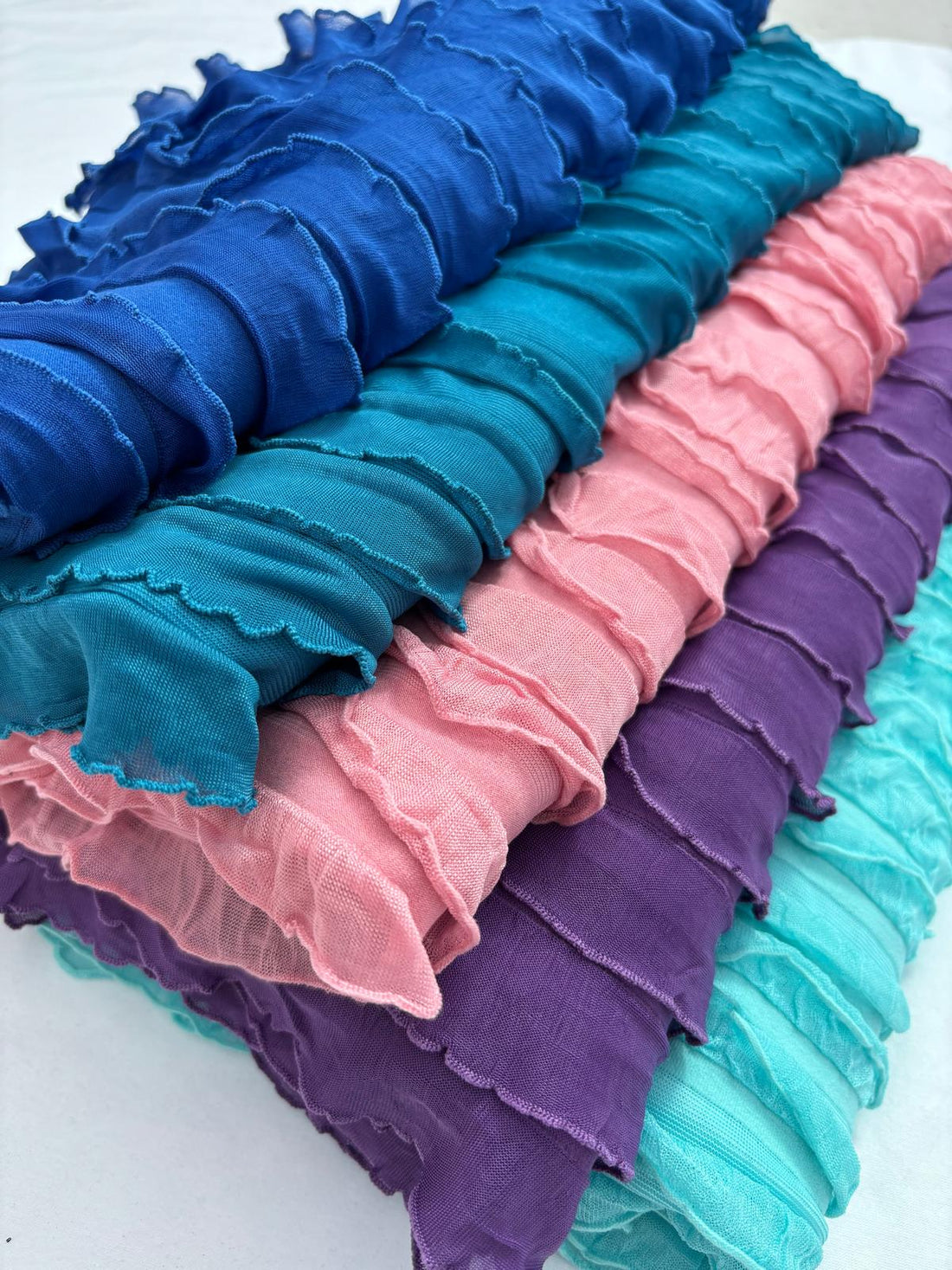 Candy Pink Tiered Ruffle Stretch Mesh Fabric