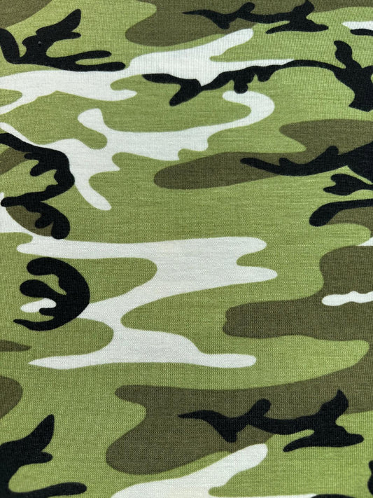 Green Camouflage Viscose Jersey – Sold by the Metre - Vératex Fabrics
