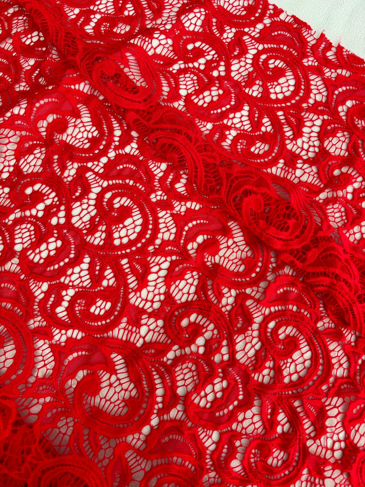 Vibrant Red Swirl Corded Lace Fabric – Sold by the Metre - Vératex Fabrics