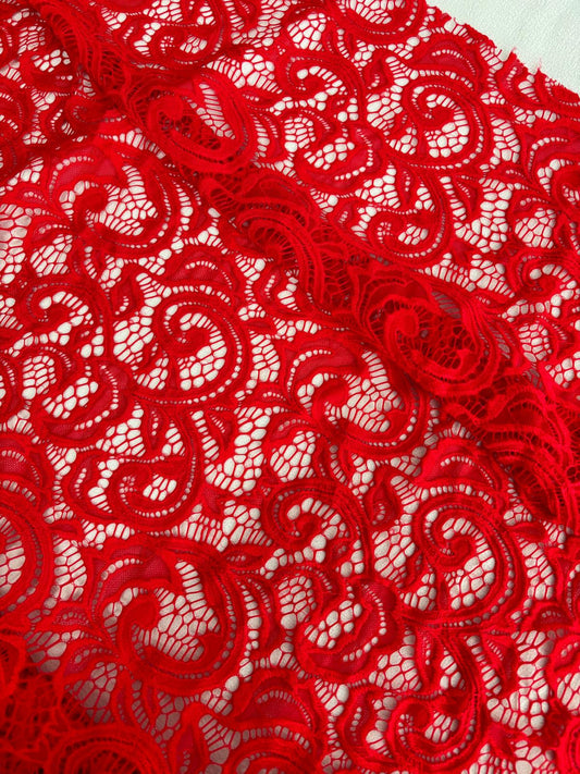 Vibrant Red Swirl Corded Lace Fabric – Sold by the Metre - Vératex Fabrics