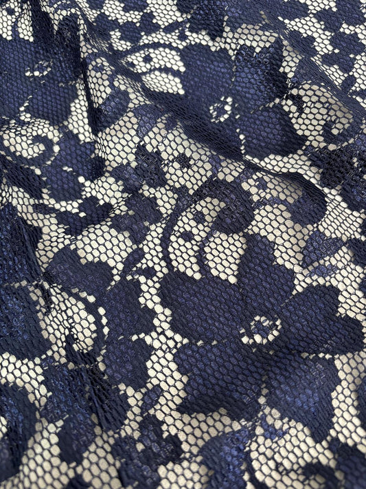 Navy Floral Stretch Lace Fabric – Sold by the Metre - Vératex Fabrics