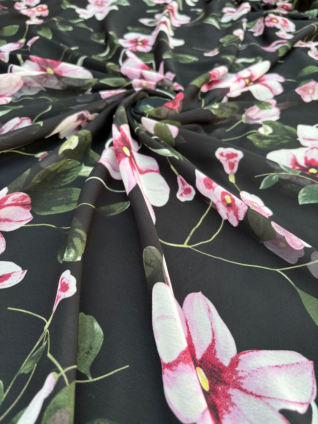 Black Floral Print Chiffon Fabric