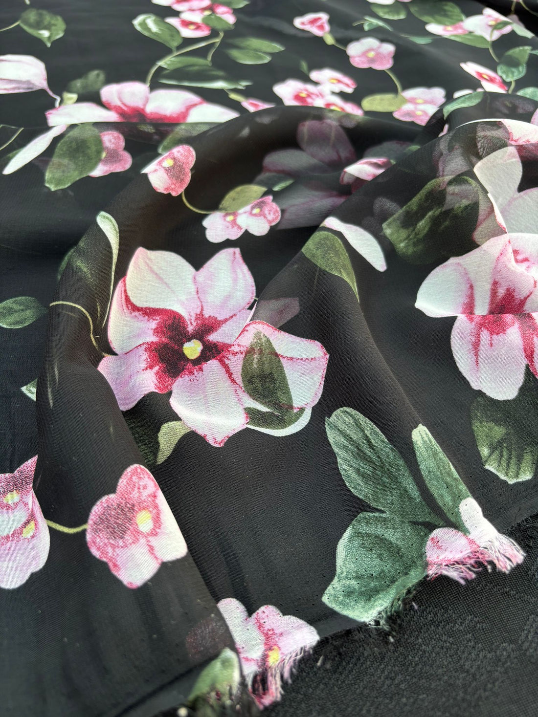 Black Floral Print Chiffon Fabric