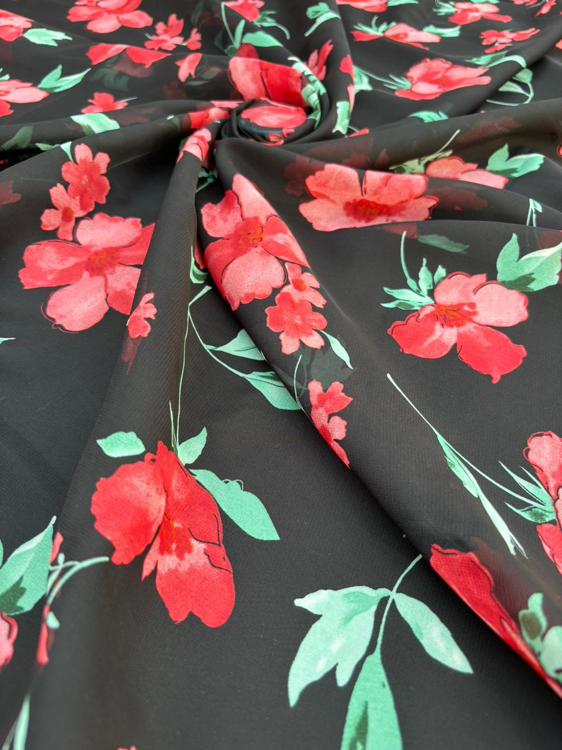 Black Red Floral Print Chiffon Fabric