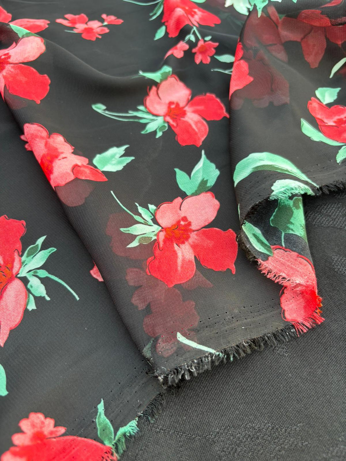 Black Red Floral Print Chiffon Fabric