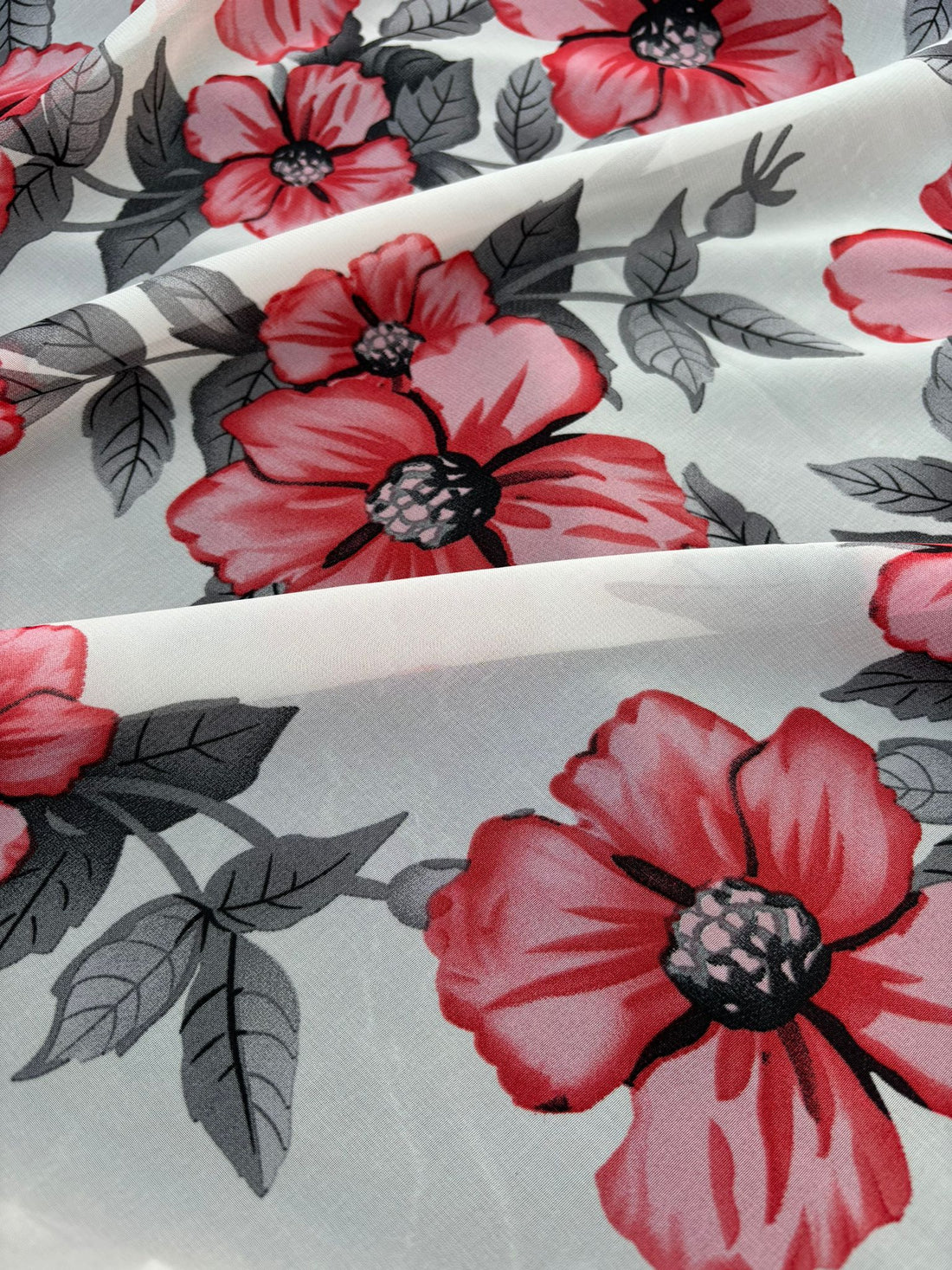White Red Floral Print Chiffon Fabric