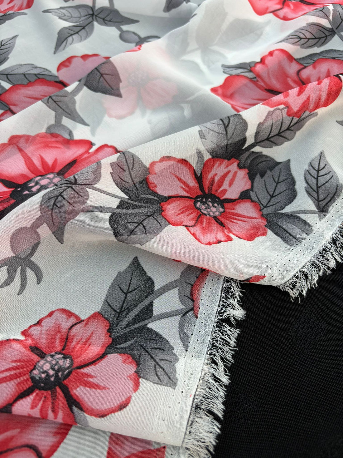 White Red Floral Print Chiffon Fabric