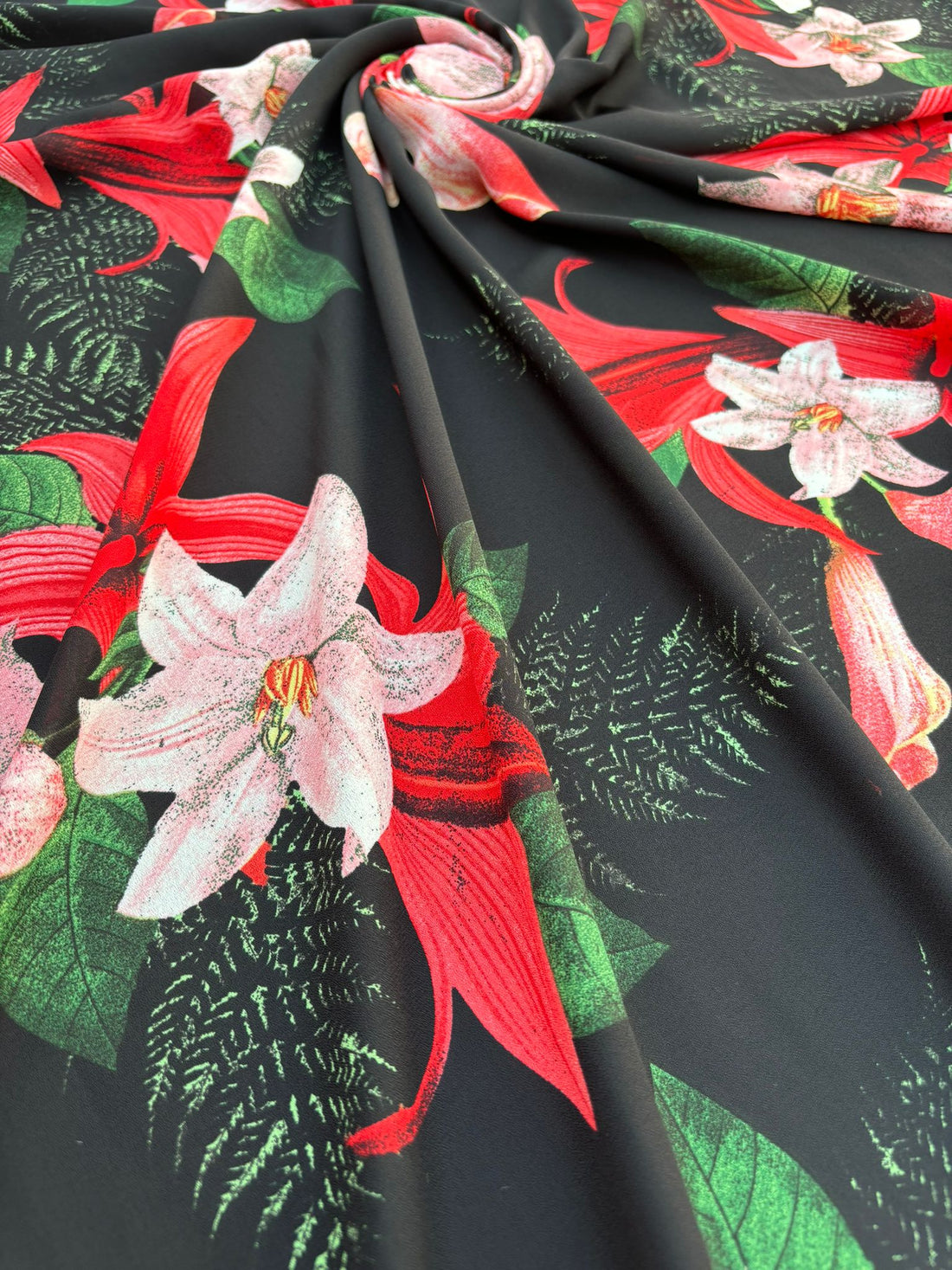 Black Tropical Floral Print Chiffon Fabric