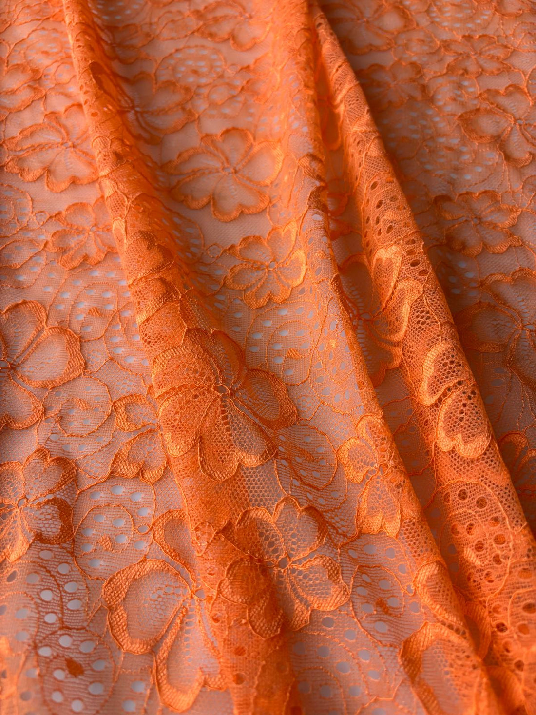 Orange Floral Stretch Lace Fabric