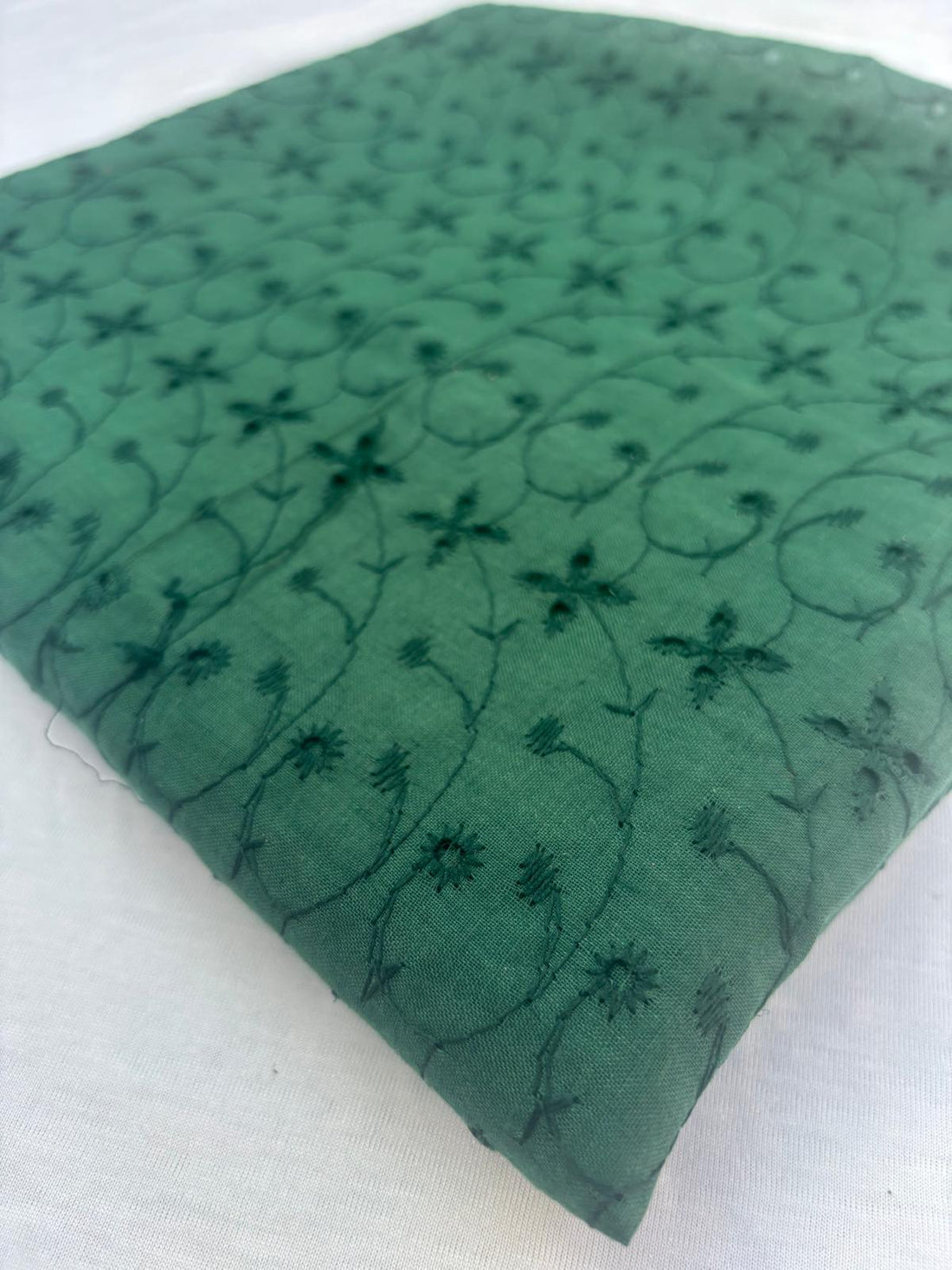 Green Schiffli Embroidered Cotton Blend Fabric
