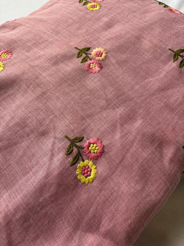 Dusty Rose Embroidered Floral Poly-Linen Blend Fabric - Vératex Fabrics