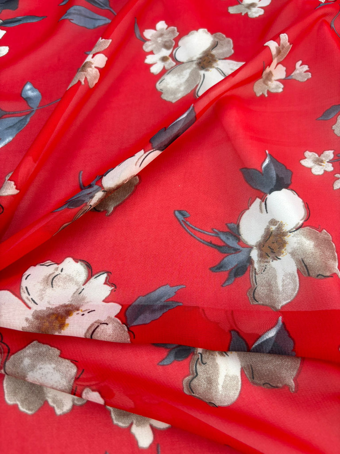 Red Floral Print Chiffon Fabric