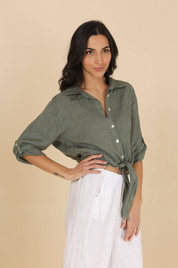 Pure Linen Knot Detail Shirt in Khaki - Vératex Fabrics