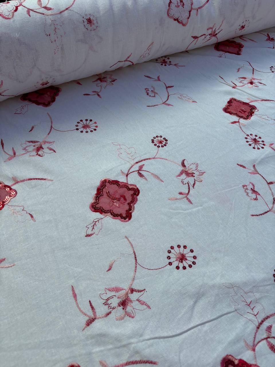 Off White Embroidered Floral Linen Cotton Fabric