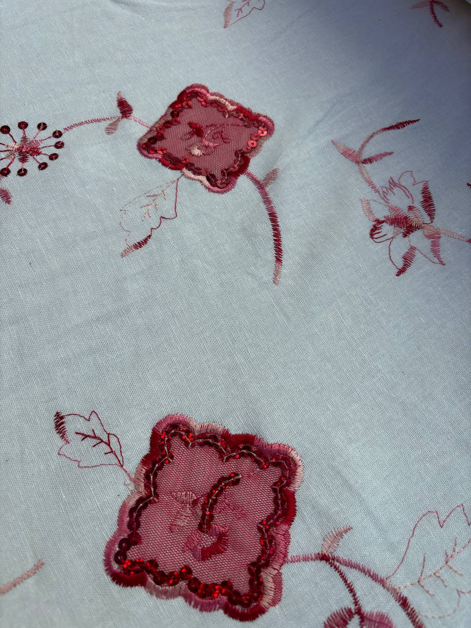 Off White Embroidered Floral Linen Cotton Fabric