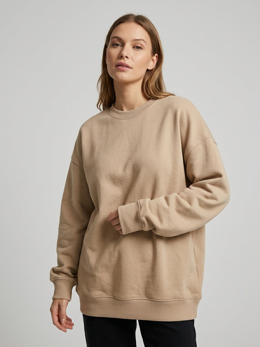 Stone 100% Cotton Loopback Jersey Fabric on model