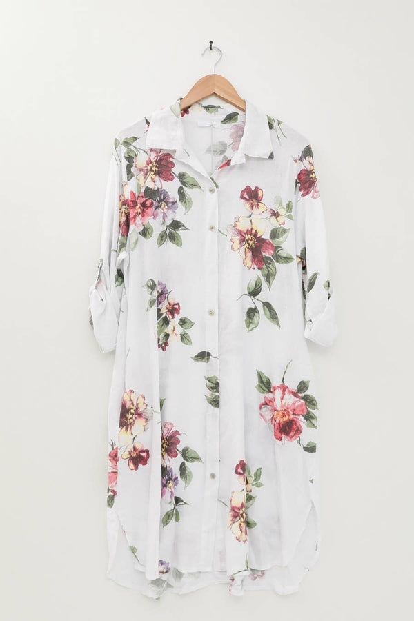 Pure Linen Floral Shirt Dress in White - Vératex Fabrics