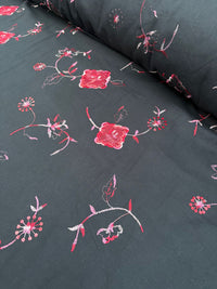 Black Embroidered Linen Cotton Fabric - Vératex Fabrics