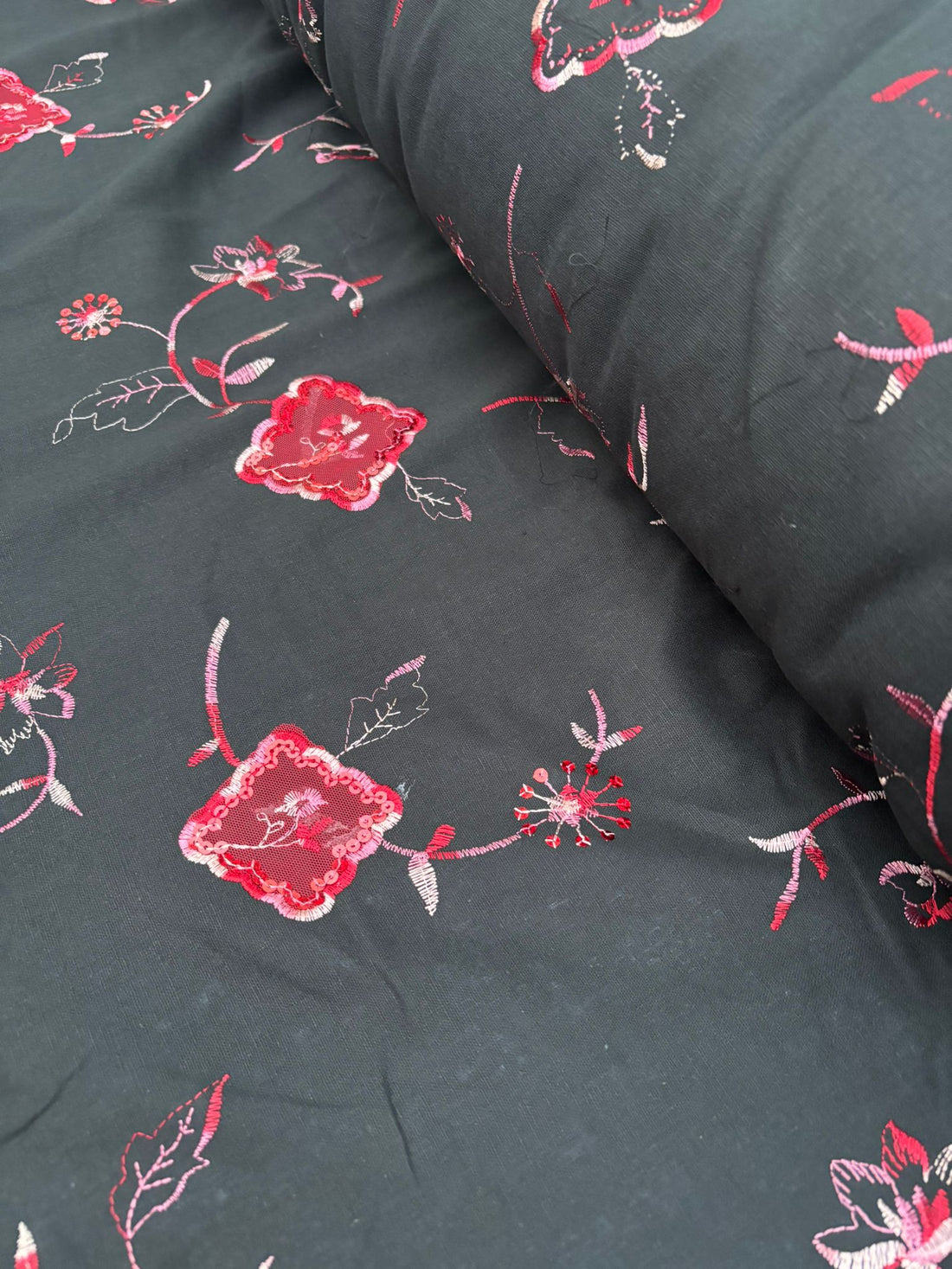 Black Embroidered Linen Cotton Fabric