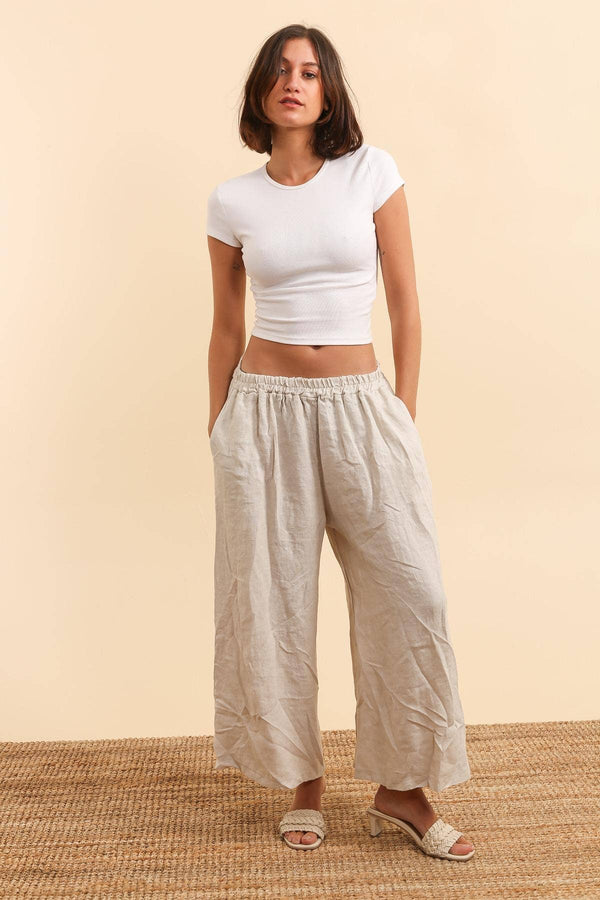 Pure Linen Relaxed Trousers in Beige - Vératex Fabrics