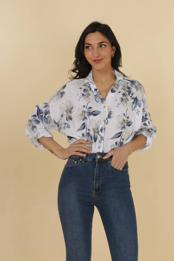 Pure Linen Floral Shirt in White - Vératex Fabrics