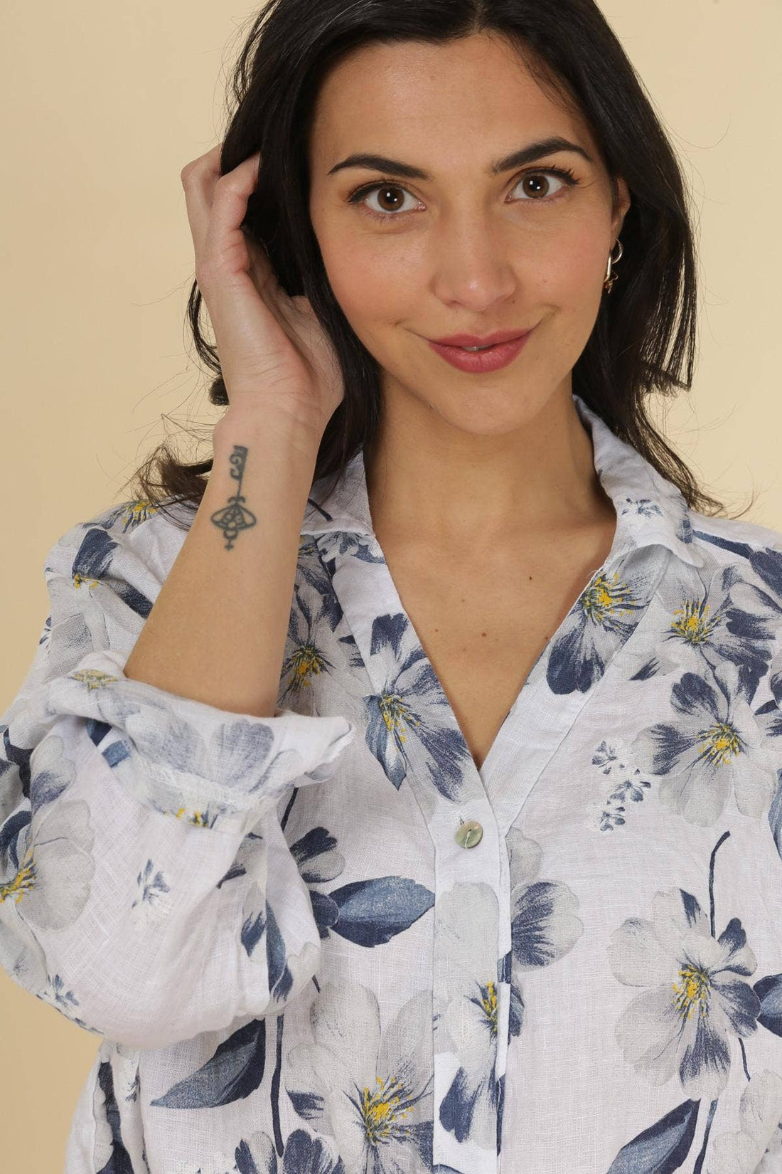 Pure Linen Floral Shirt in White - Vératex Fabrics