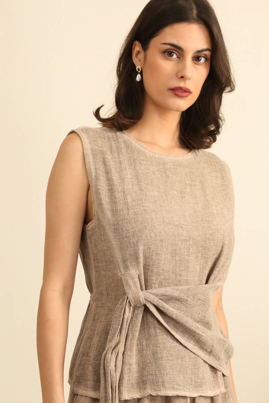Linen Blend Sleeveless Blouse in Beige - Vératex Fabrics