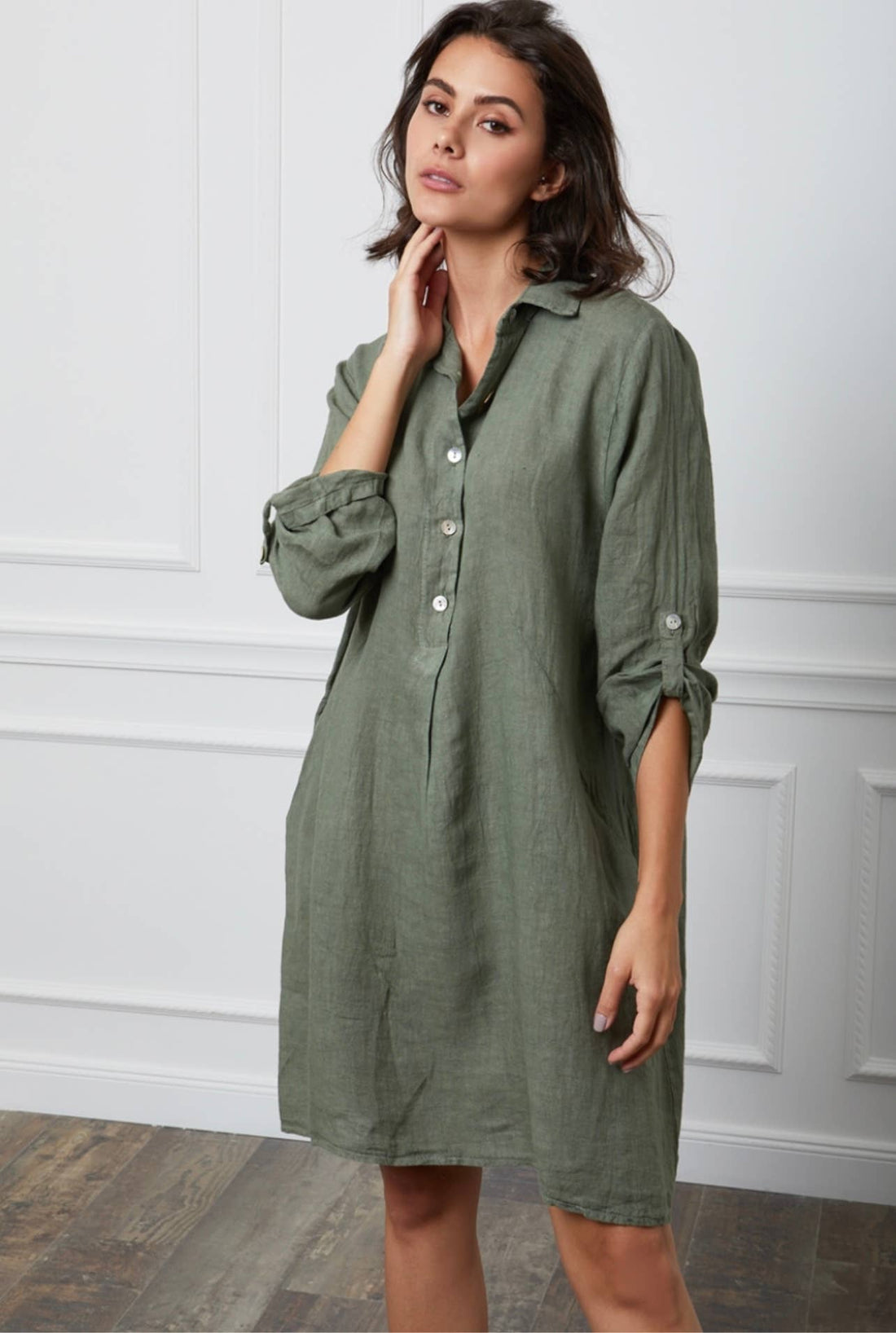 Pure Linen Flowing Dress in Khaki - Vératex Fabrics