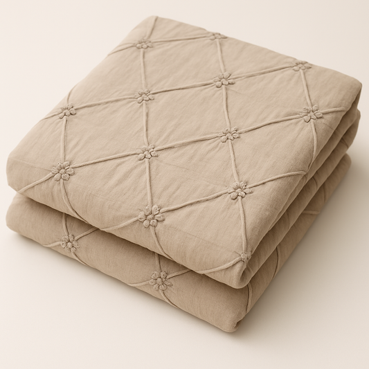 Beige Pinch Embroidered Poly Cotton Fabric – Sold by the Metre