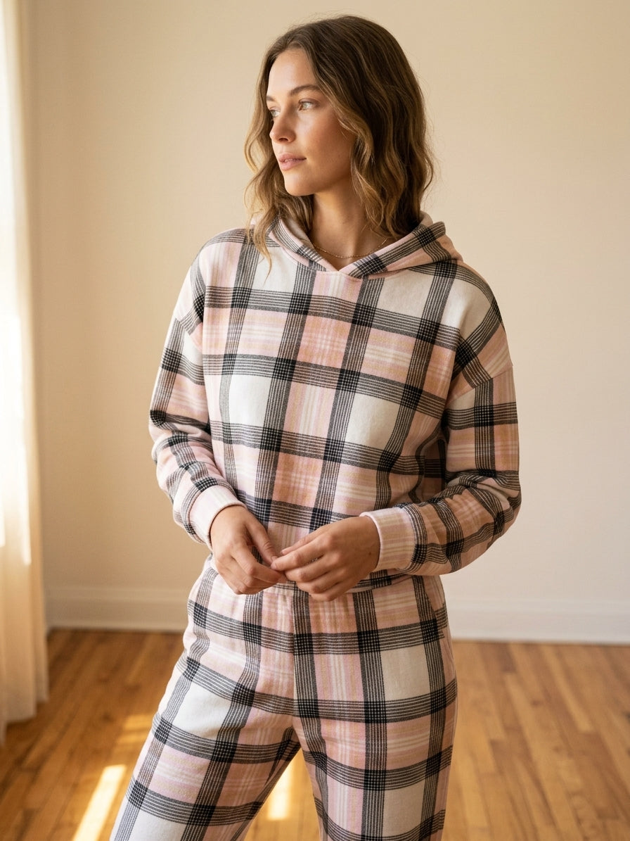 Pink & Tan Check Loopback Jersey Fabric