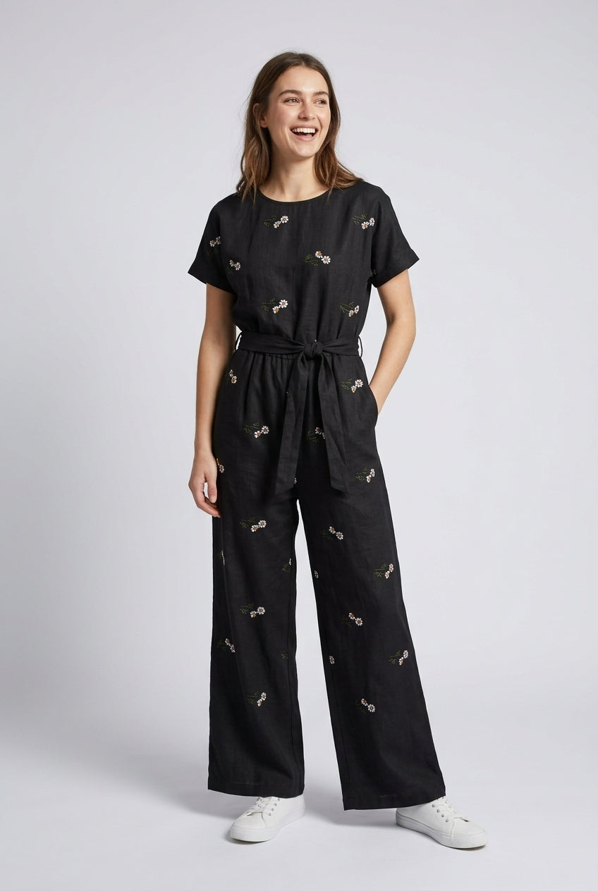 Black Embroidered Floral Poly-Linen Blend Fabric - Vératex Fabrics