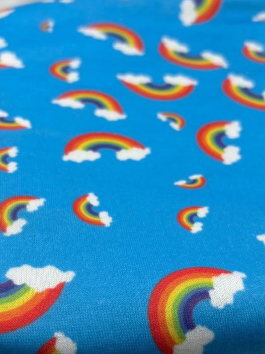 Sky Blue Rainbow Clouds Loopback Jersey Fabric – Sold by the Metre