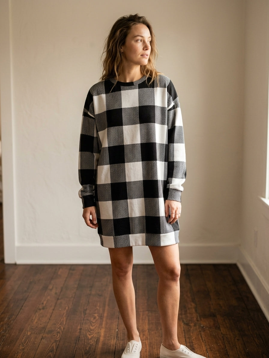 Black & White Herringbone Check Loopback Jersey Fabric